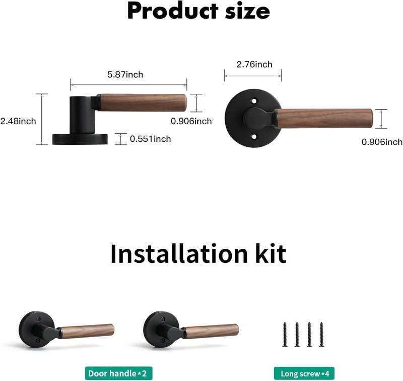 YAGU Wooden Round Dummy Lever Door Handle Pack of 2 Non-Turning Single Side Pull Only Lever Set [for Closet or French Doors] Heavy Duty - Matte Black Finish - Image 4